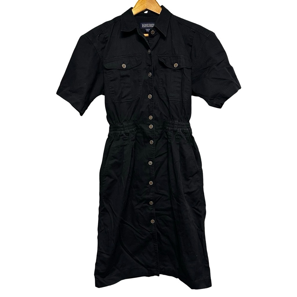 VTG Lands’ End Black 100% Cotton Button-Front Shirt Dress Small Utility Safari